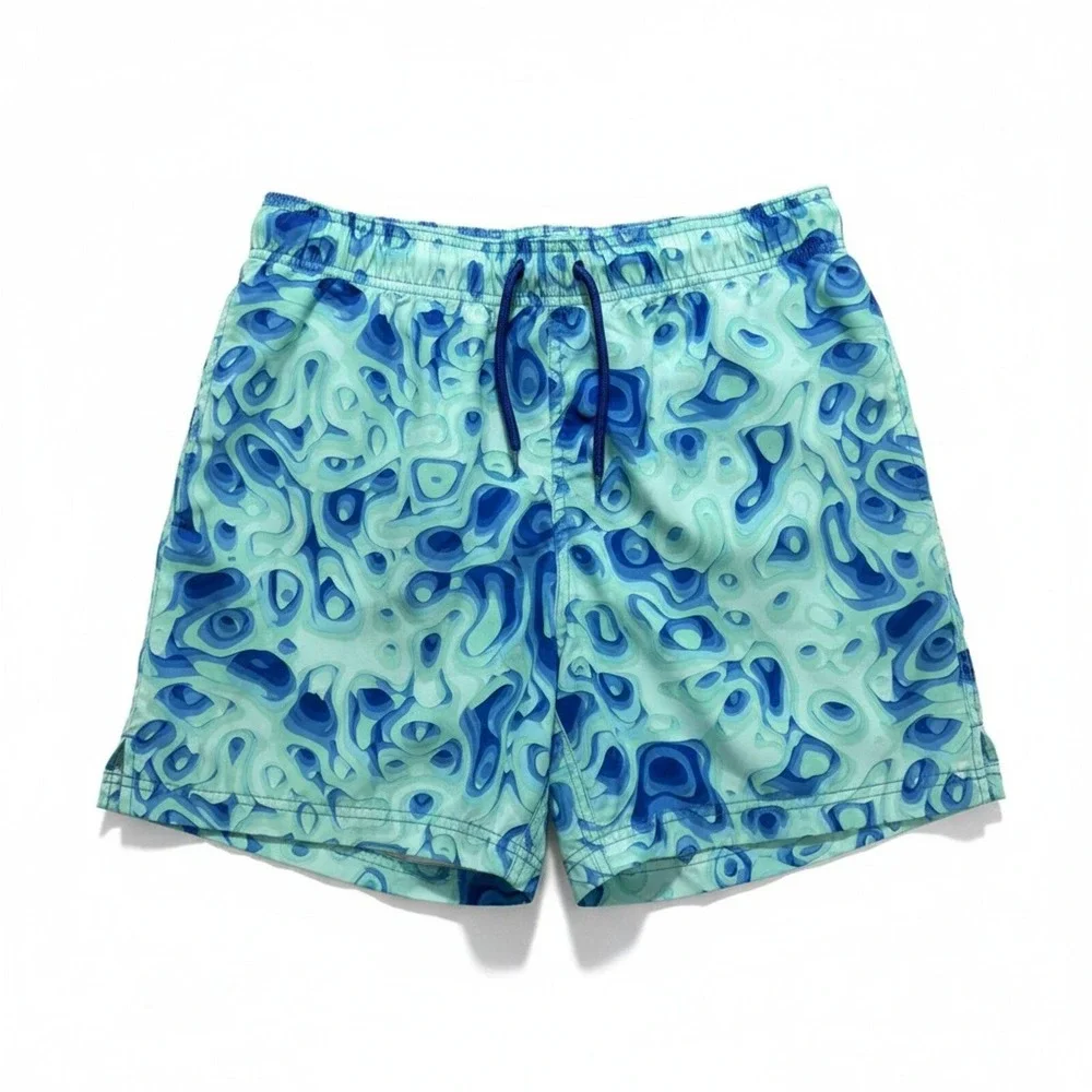 George M Blue Green Abstract Swirl Print Swim Trunks Shorts Casual Beachwear‎